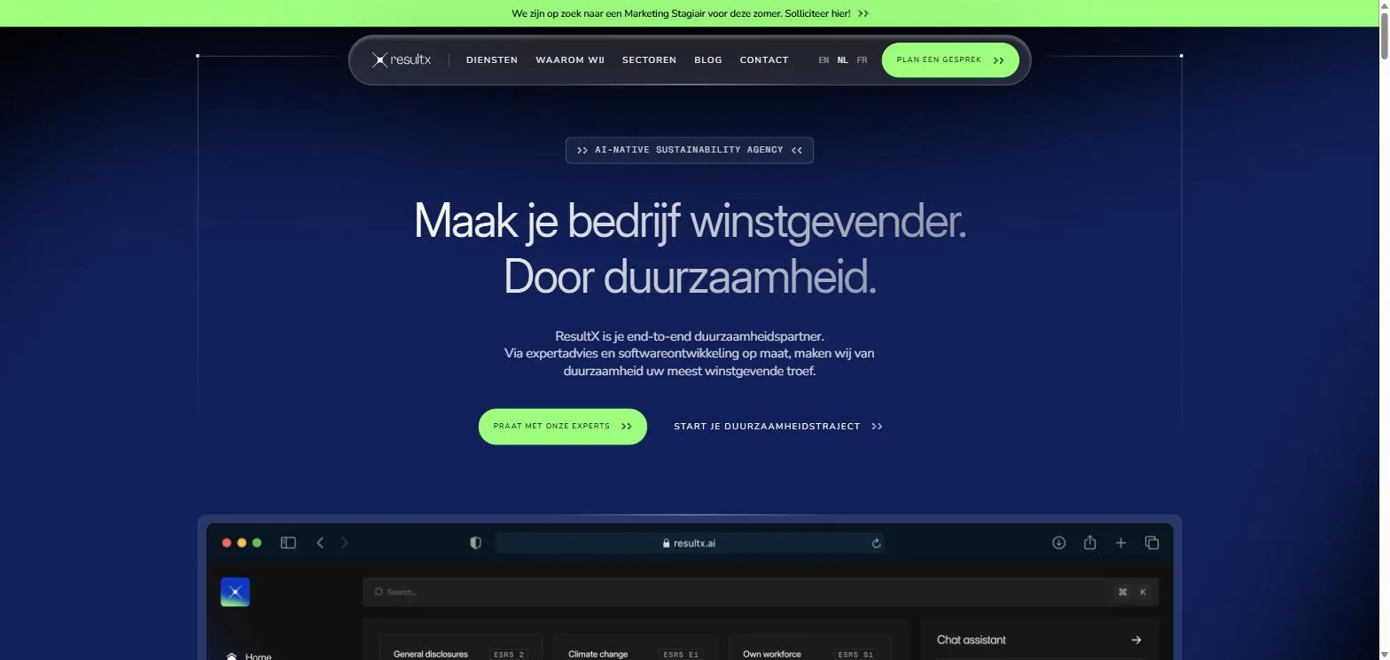 De Nederlandstalige homepage van ResultX, de meertalige bedrijfswebsite die ik op maat bouwde
